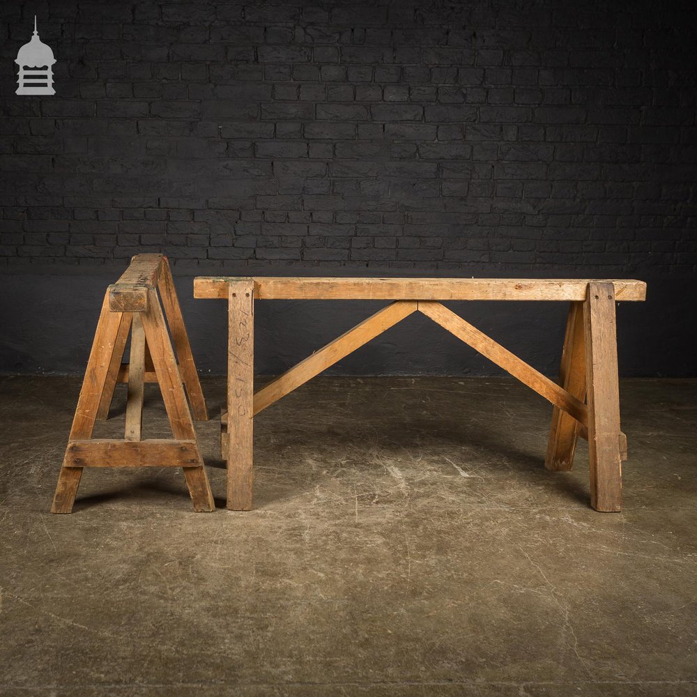 Pair Low Hardwood Workshop Industrial Trestles