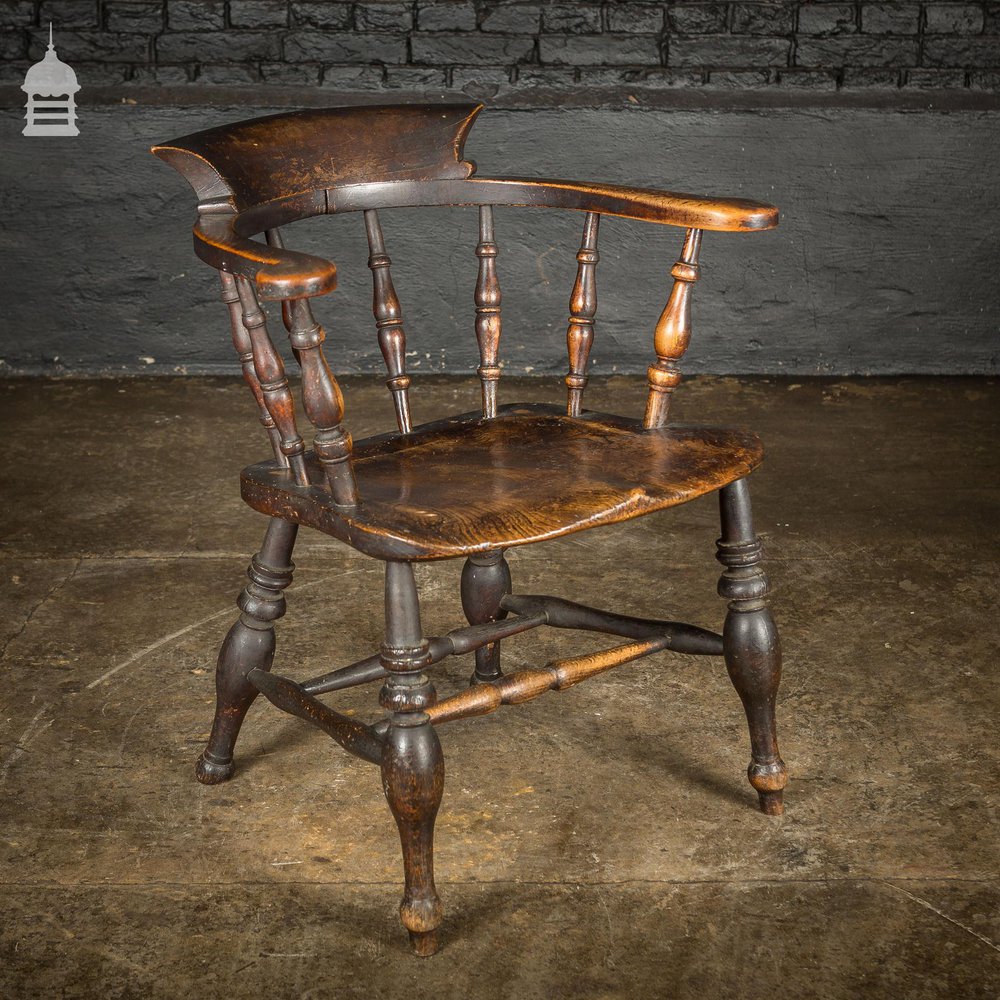 19th C Captains Bow Seat Smokers Chair with Turned Arm Supports and Double H Stretcher