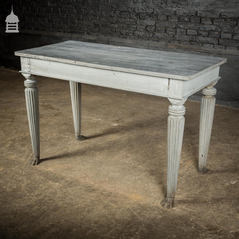 18th C Grey Painted Hardwood Colonial Centre Table with Reeded Legs and Bronze Paw Feet