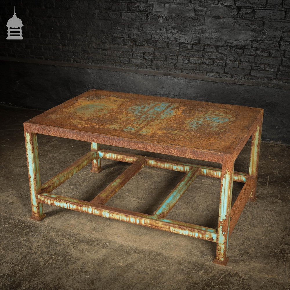 Industrial Box Section Low Level Worktable with Original Rusty Distressed Blue Paint Finish