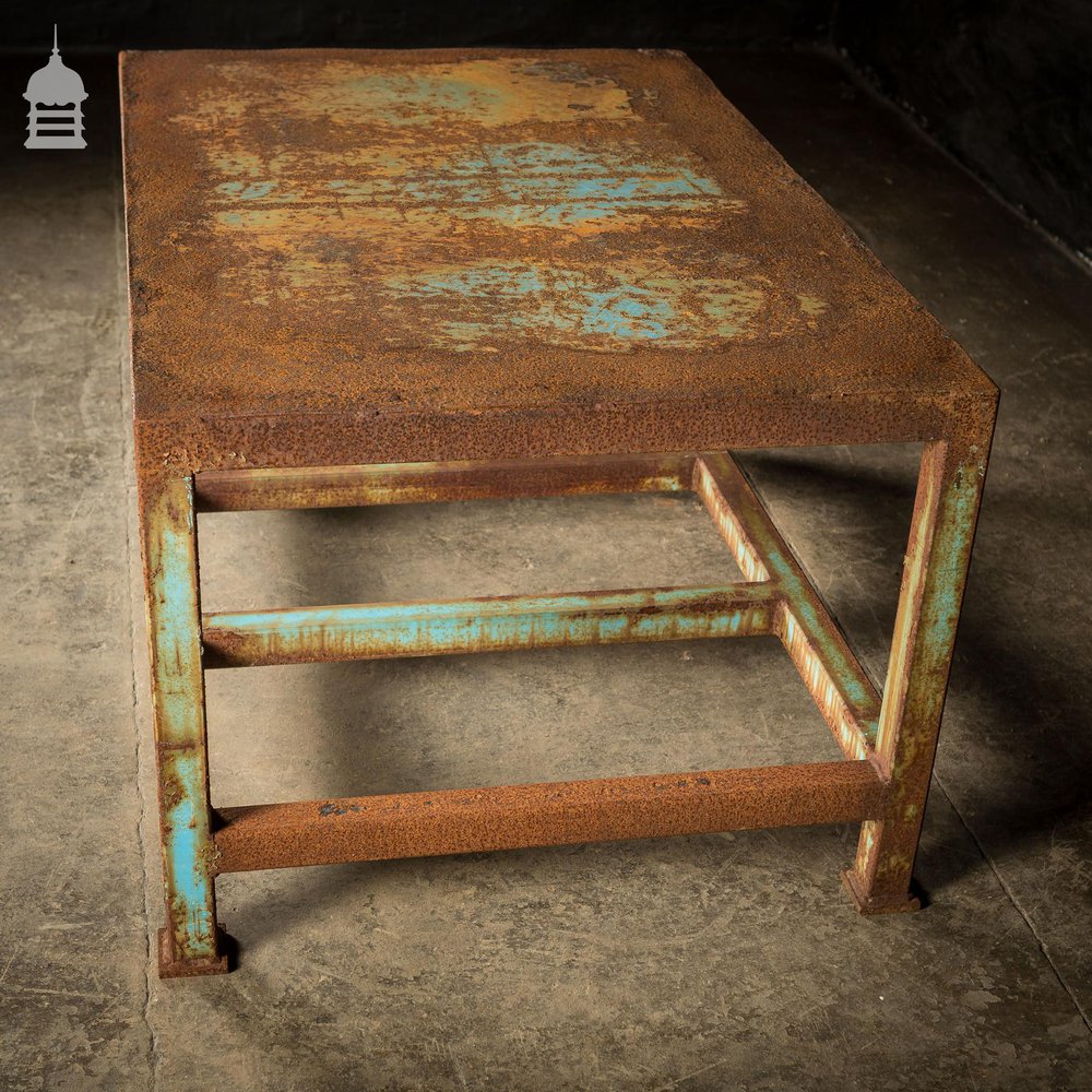 Industrial Box Section Low Level Worktable with Original Rusty Distressed Blue Paint Finish