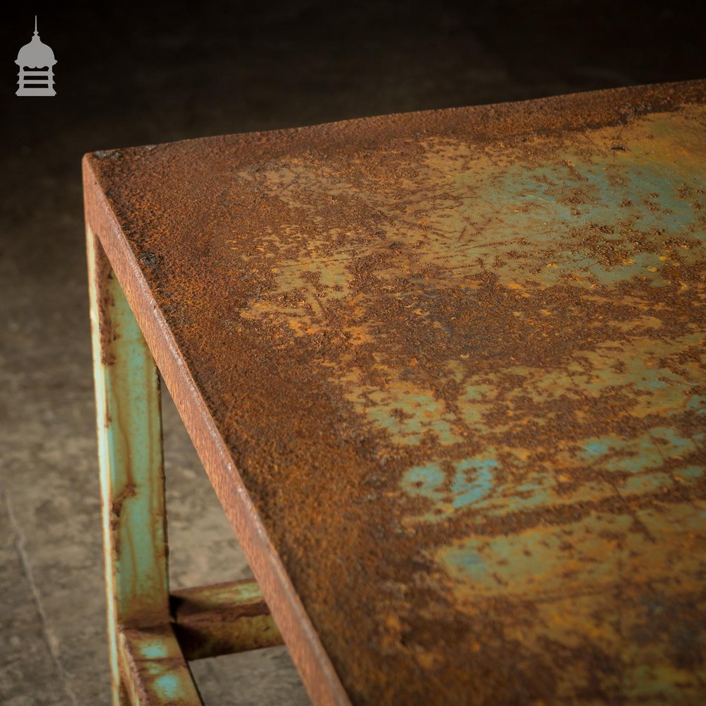 Industrial Box Section Low Level Worktable with Original Rusty Distressed Blue Paint Finish