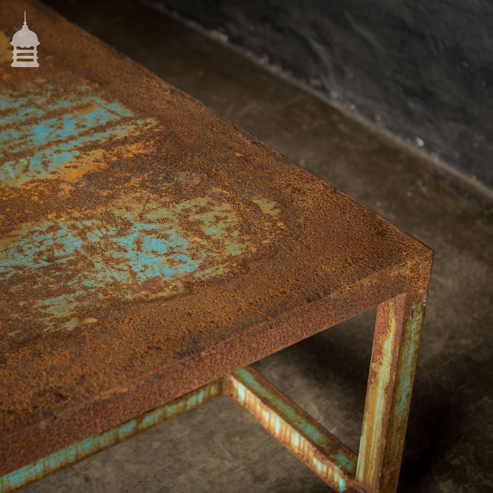 Industrial Box Section Low Level Worktable with Original Rusty Distressed Blue Paint Finish