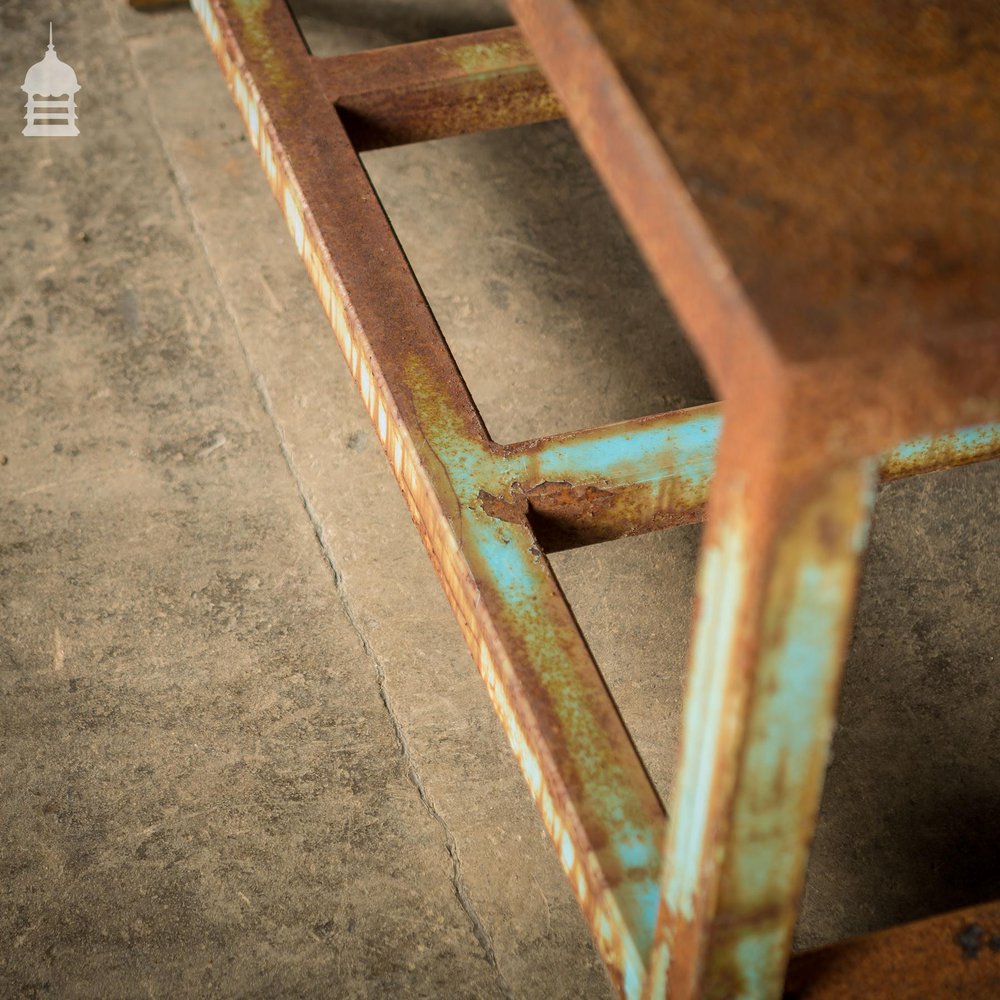 Industrial Box Section Low Level Worktable with Original Rusty Distressed Blue Paint Finish