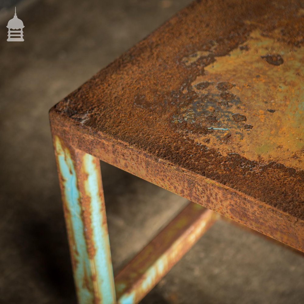 Industrial Box Section Low Level Worktable with Original Rusty Distressed Blue Paint Finish