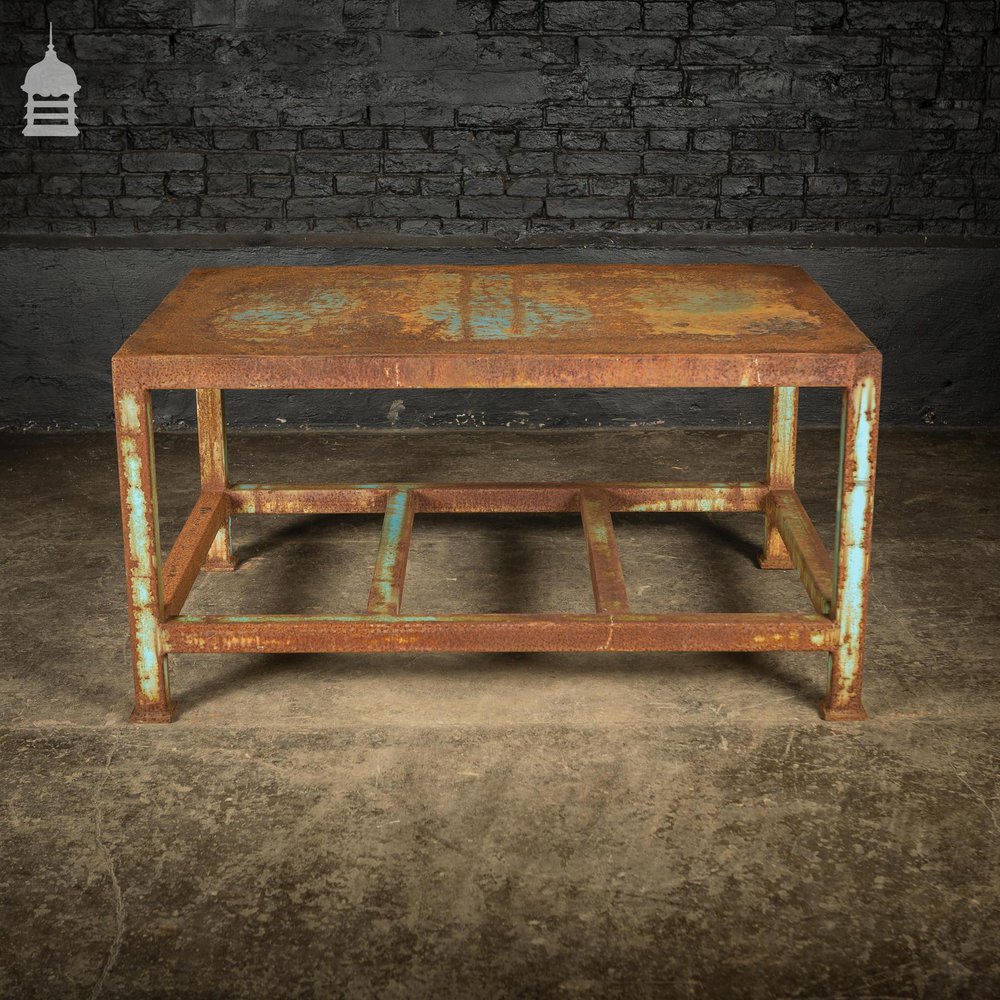 Industrial Box Section Low Level Worktable with Original Rusty Distressed Blue Paint Finish