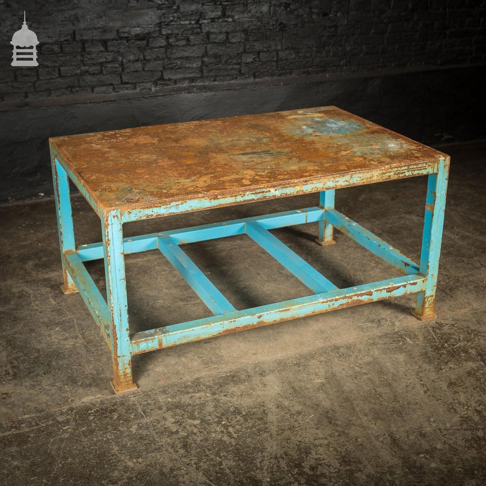 Industrial Box Section Low Level Worktable with Original Rusty Distressed Blue Paint Finish