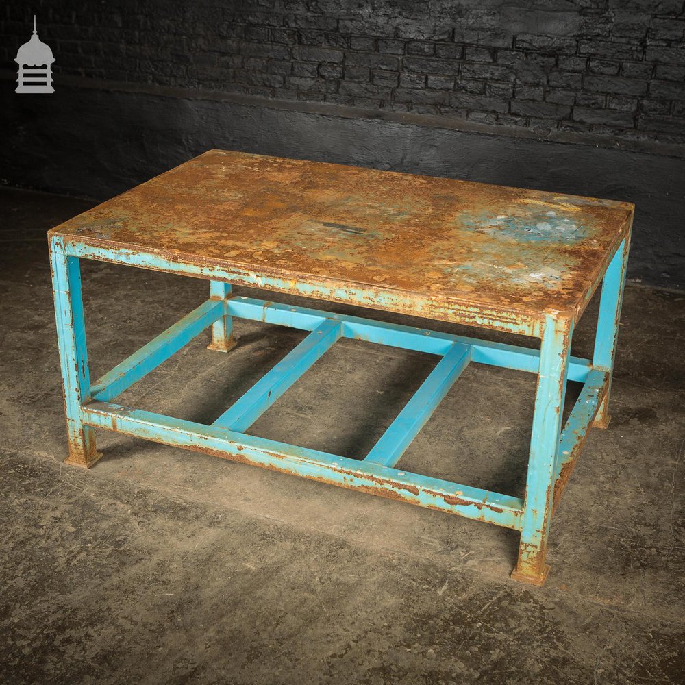 Industrial Box Section Low Level Worktable with Original Rusty Distressed Blue Paint Finish