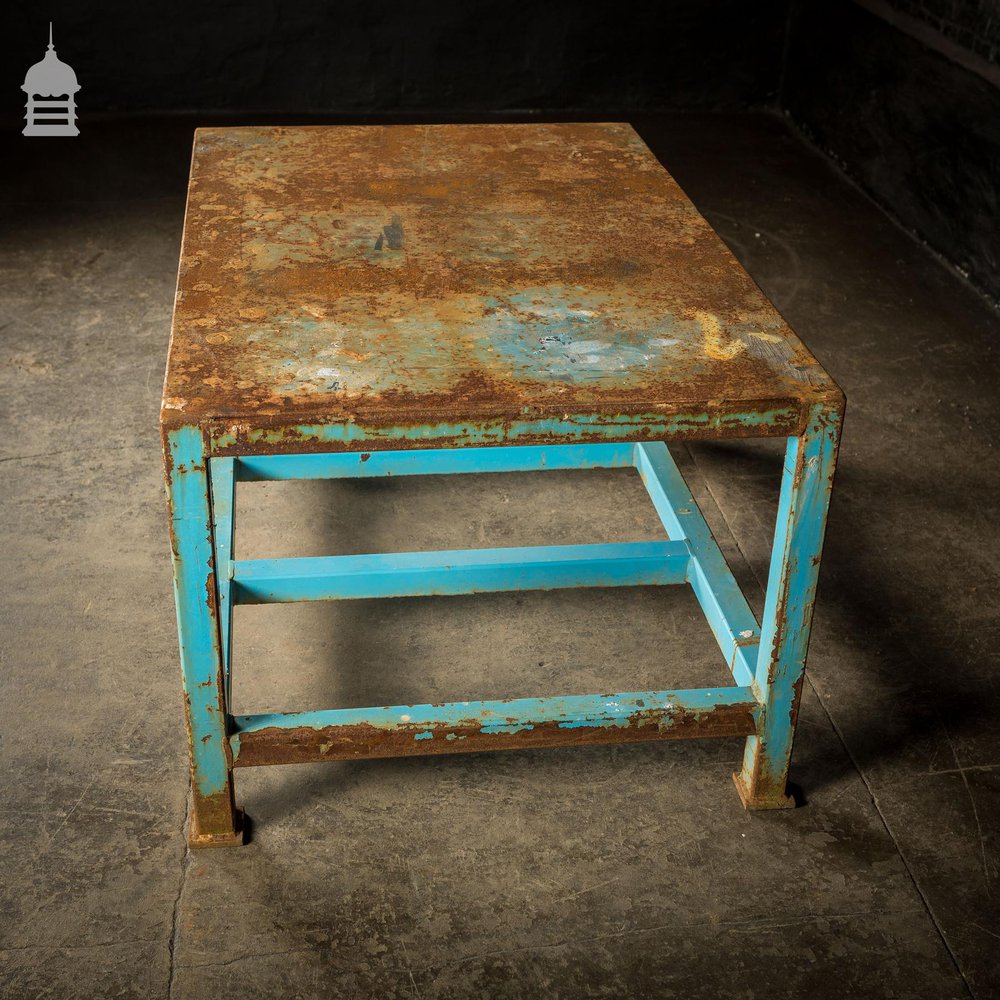 Industrial Box Section Low Level Worktable with Original Rusty Distressed Blue Paint Finish