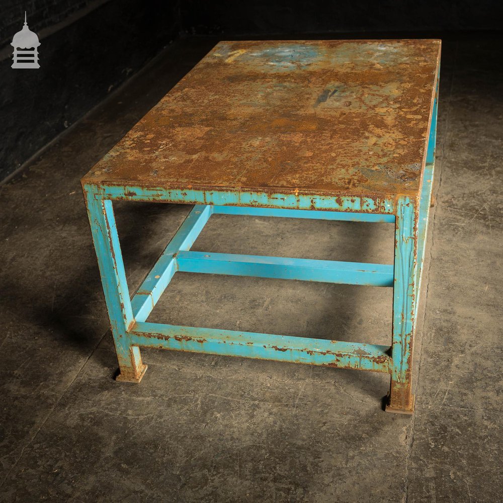 Industrial Box Section Low Level Worktable with Original Rusty Distressed Blue Paint Finish