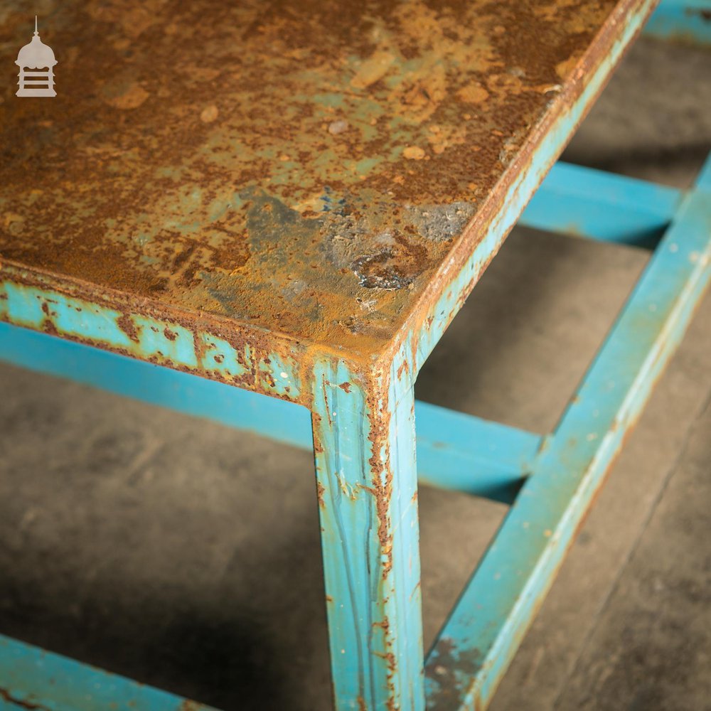 Industrial Box Section Low Level Worktable with Original Rusty Distressed Blue Paint Finish