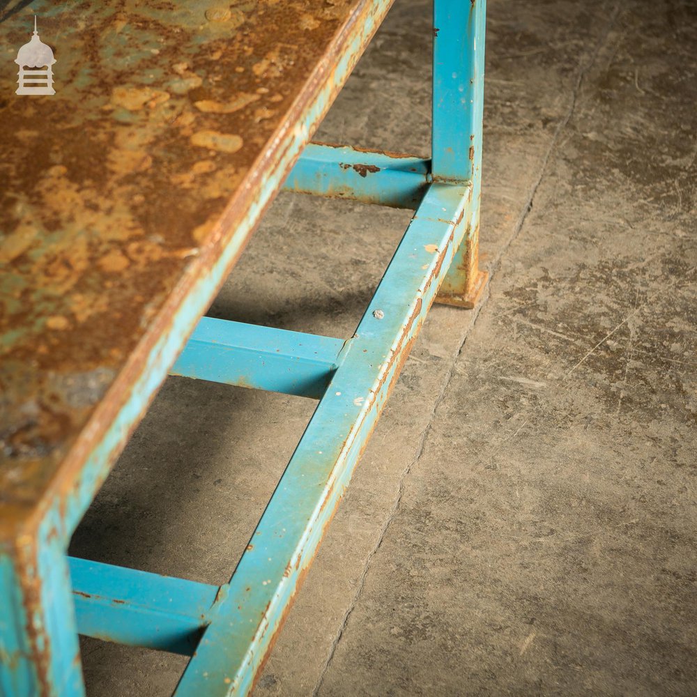 Industrial Box Section Low Level Worktable with Original Rusty Distressed Blue Paint Finish