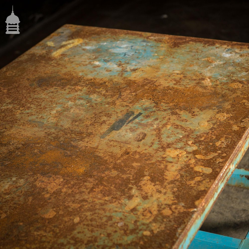 Industrial Box Section Low Level Worktable with Original Rusty Distressed Blue Paint Finish