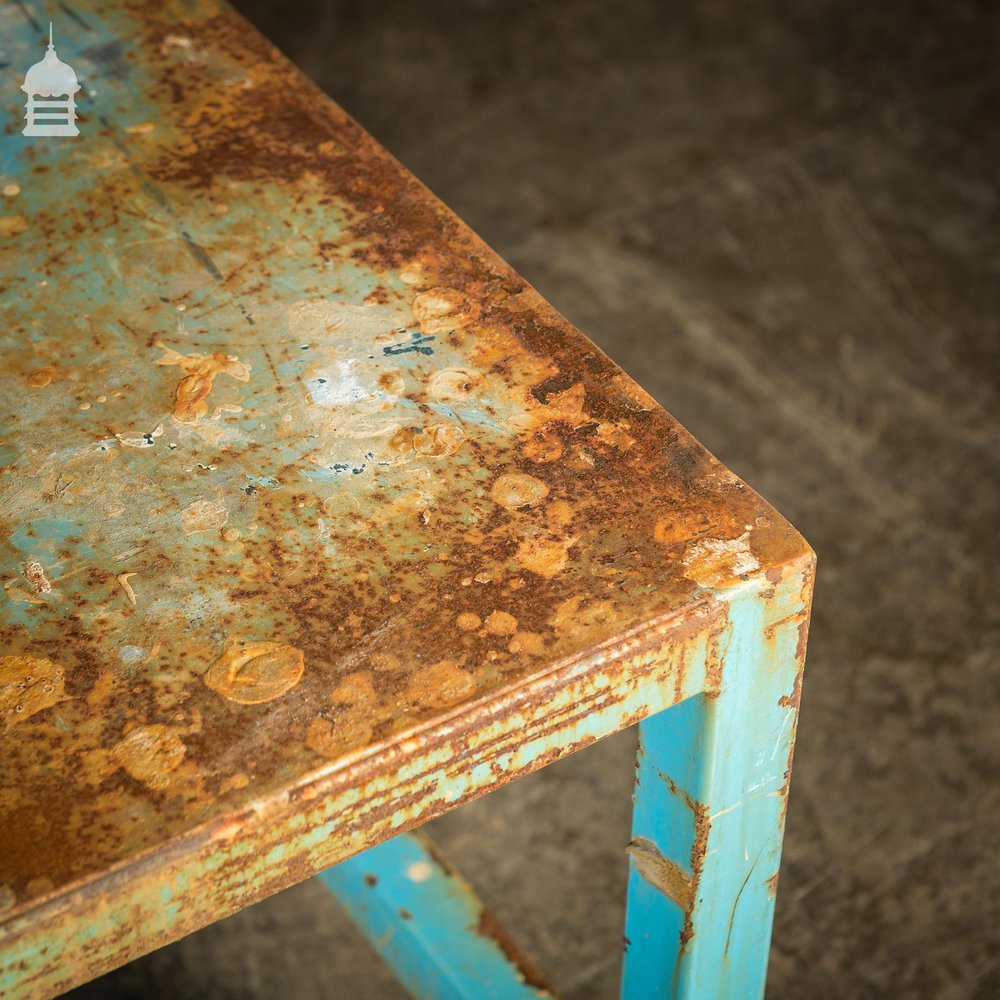 Industrial Box Section Low Level Worktable with Original Rusty Distressed Blue Paint Finish