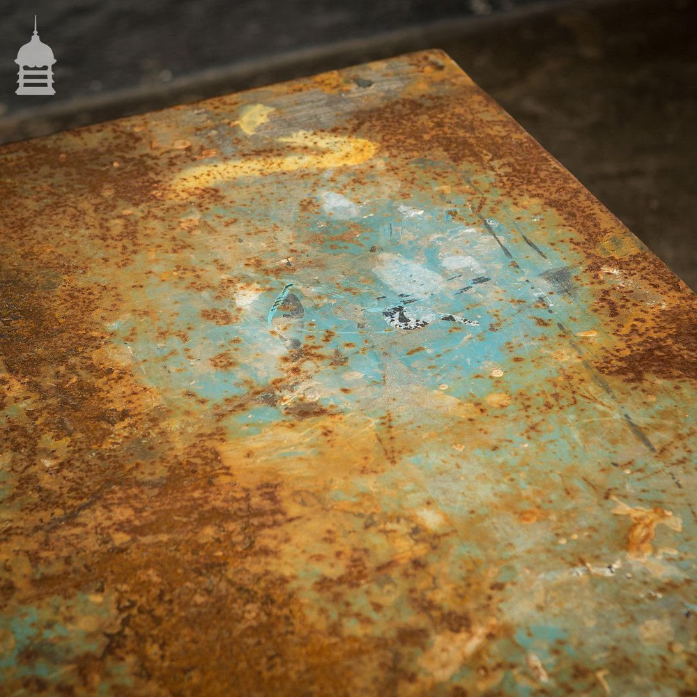 Industrial Box Section Low Level Worktable with Original Rusty Distressed Blue Paint Finish