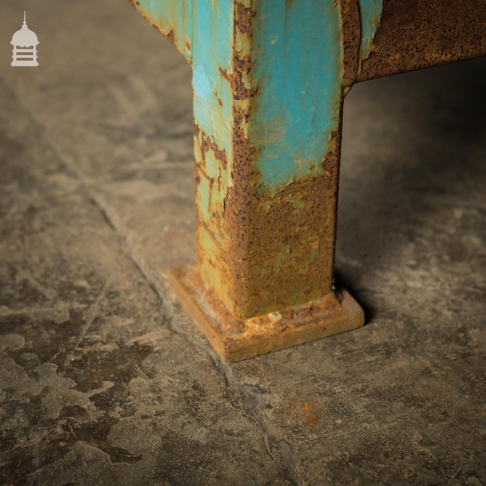 Industrial Box Section Low Level Worktable with Original Rusty Distressed Blue Paint Finish