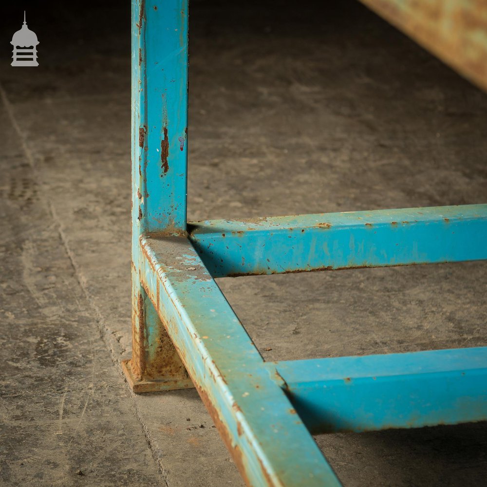 Industrial Box Section Low Level Worktable with Original Rusty Distressed Blue Paint Finish