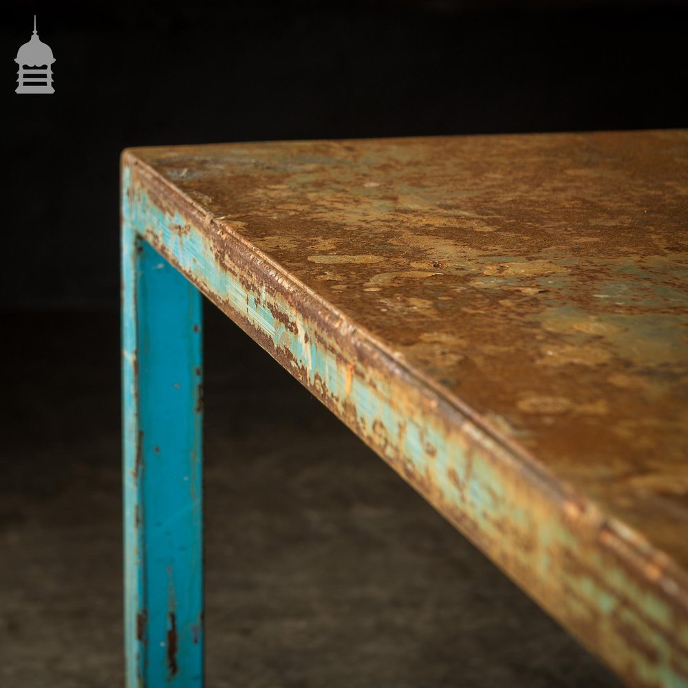 Industrial Box Section Low Level Worktable with Original Rusty Distressed Blue Paint Finish