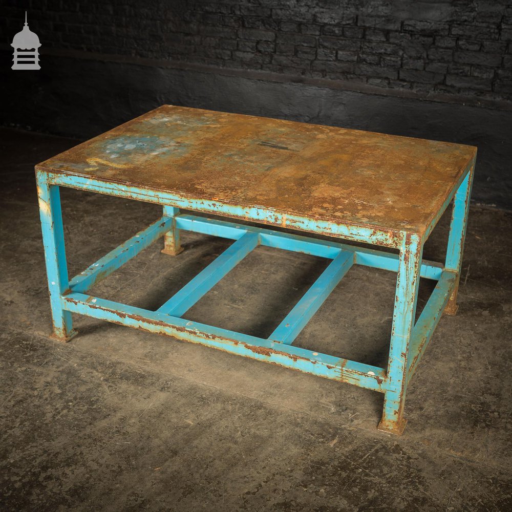 Industrial Box Section Low Level Worktable with Original Rusty Distressed Blue Paint Finish