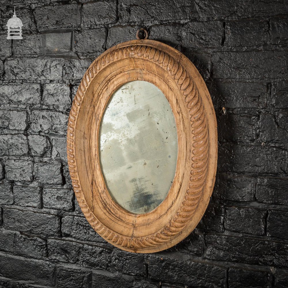 18th C French Oval Plate Mirror with Carved Oak Frame