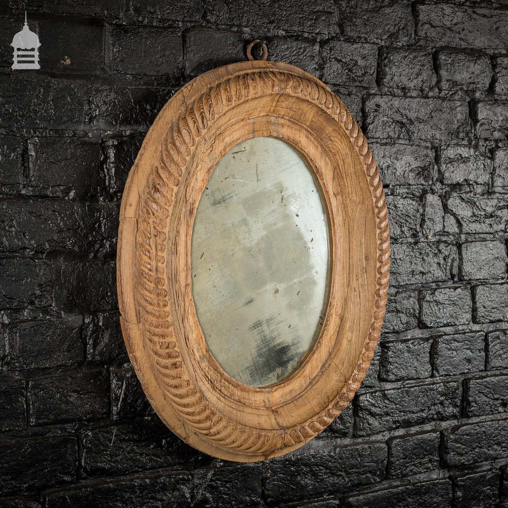 18th C French Oval Plate Mirror with Carved Oak Frame