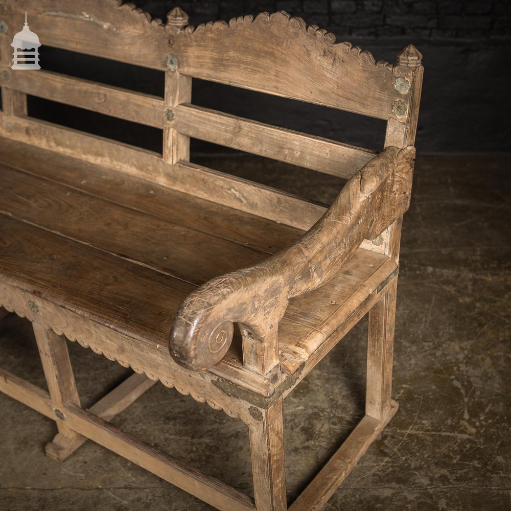 Early 19th C Silvered Teak Anglo Indian Garden Bench with Iron Straps