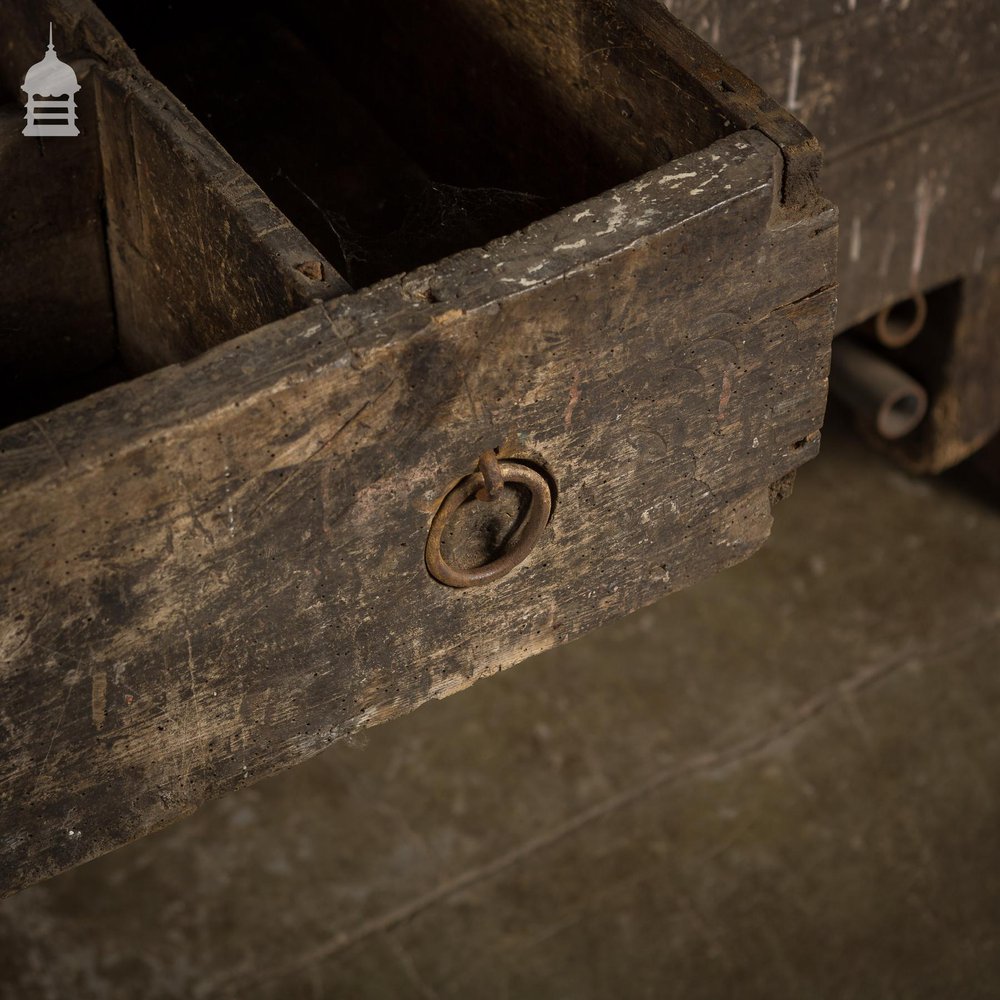 19th C Elm Work Bench Table with Ring Pull Drawers