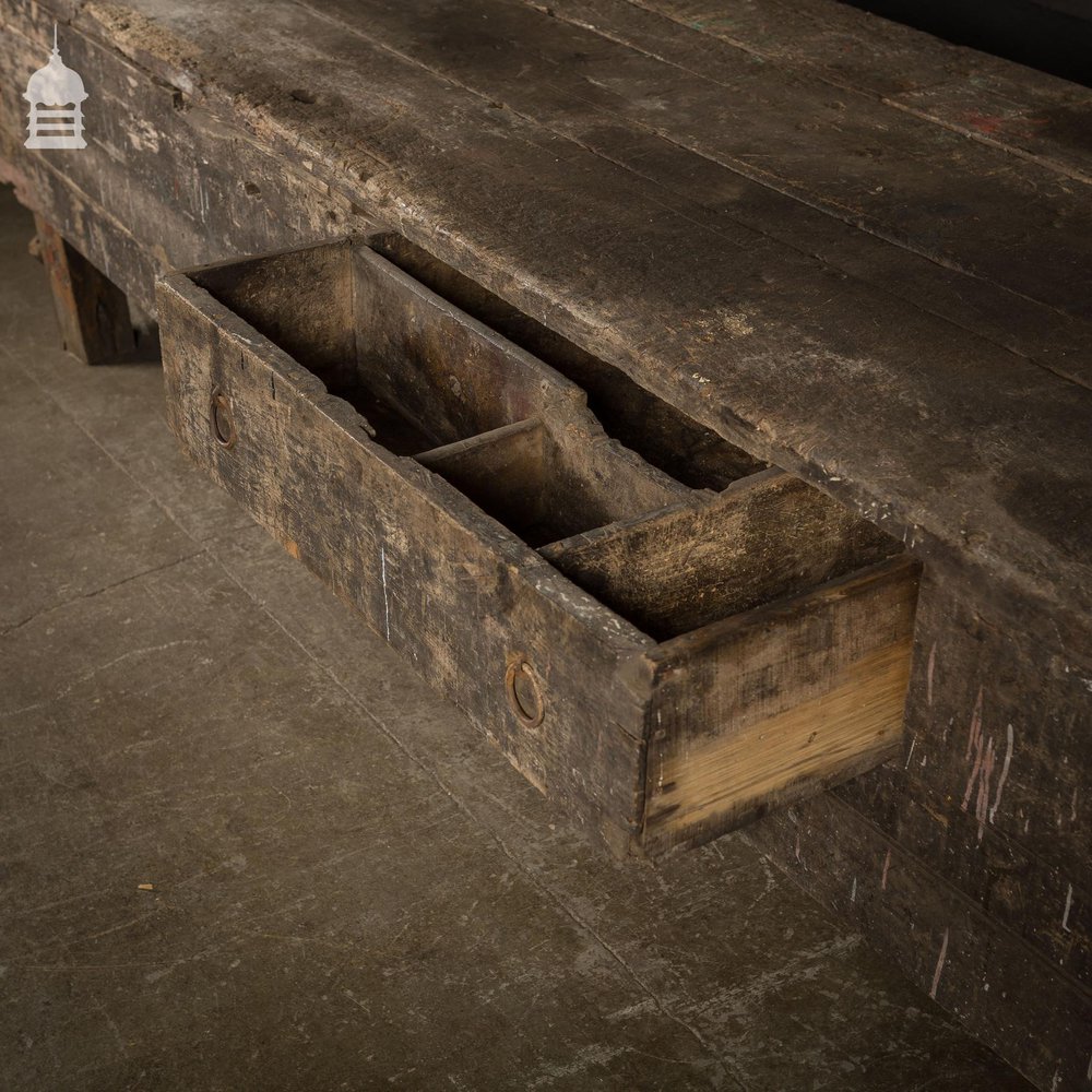 19th C Elm Work Bench Table with Ring Pull Drawers