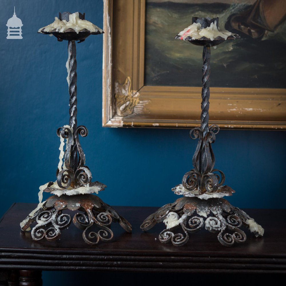 Pair Blacksmith made Wrought Iron Candlesticks with Scroll Design