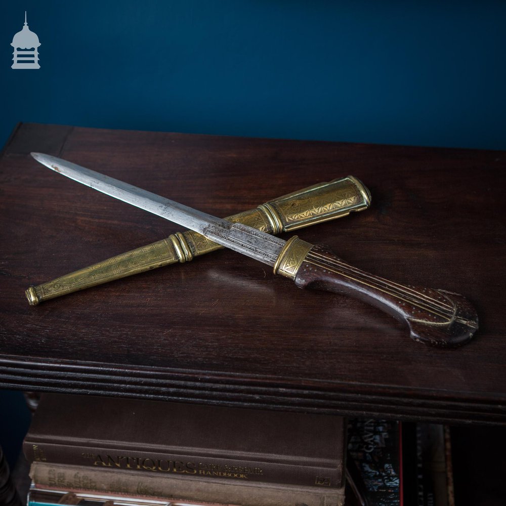 18th C Dagger with Inlaid Detail and Brass Scabbard of Indian Origin