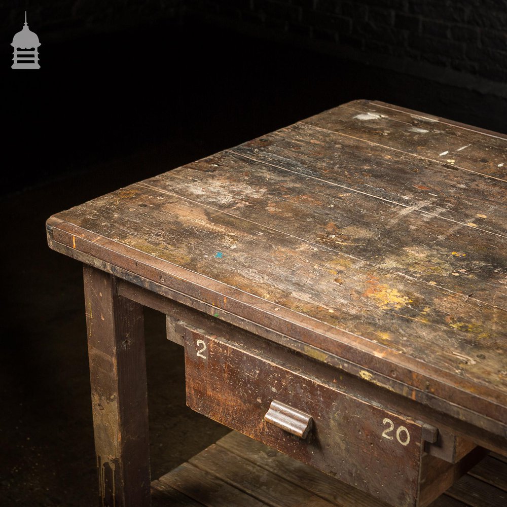 Large Vintage Industrial Workshop Table Workbench with 3 Drawers