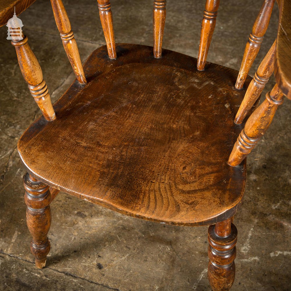 19th C Captain's Bow Seat Smokers Chair with Turned Arm Supports and Double H Stretcher