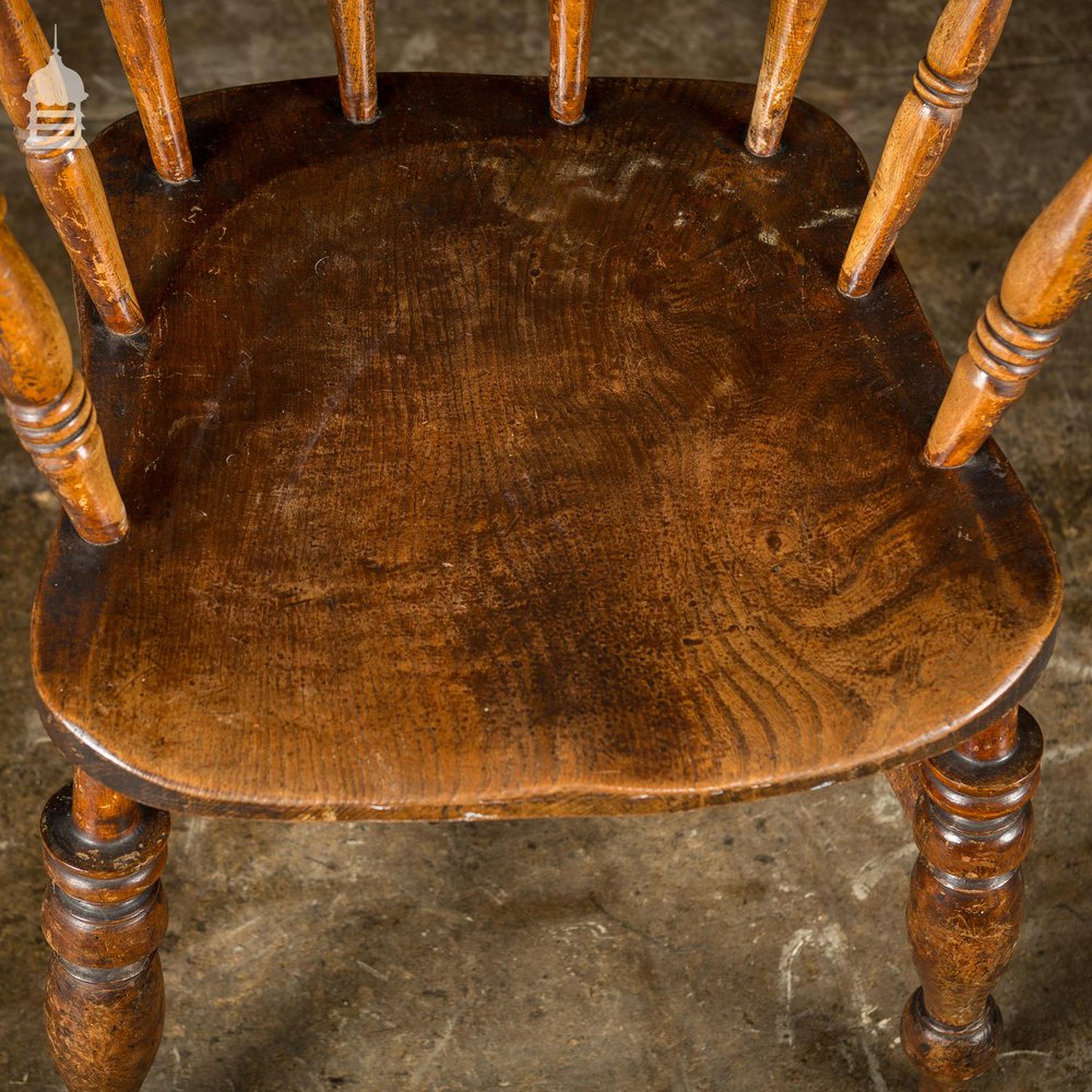 19th C Captain's Bow Seat Smokers Chair with Turned Arm Supports and Double H Stretcher