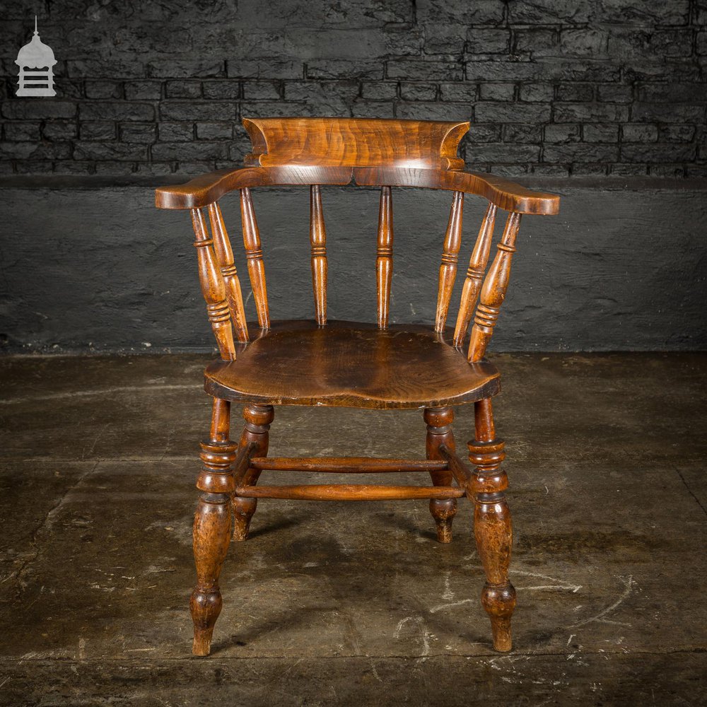 19th C Captain's Bow Seat Smokers Chair with Turned Arm Supports and Double H Stretcher