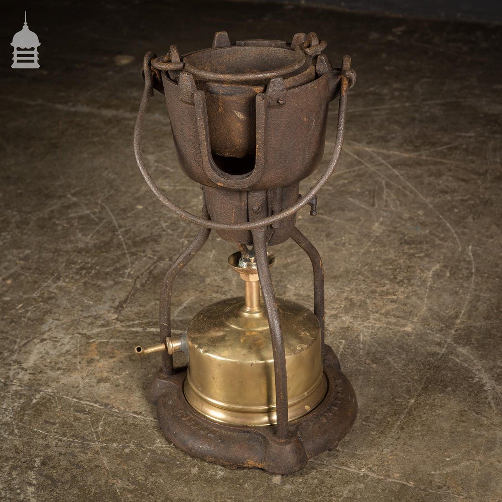 19th C Portable Cast Iron Crucible with Brass Burner