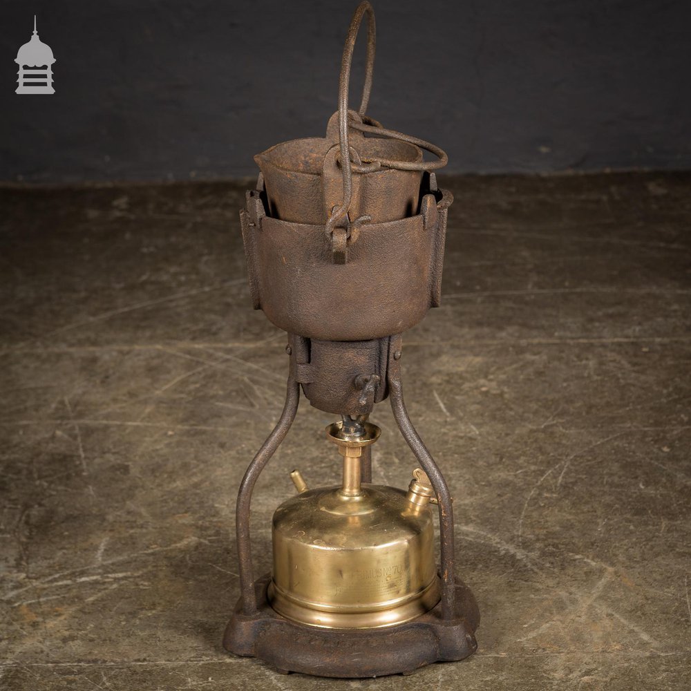 19th C Portable Cast Iron Crucible with Brass Burner