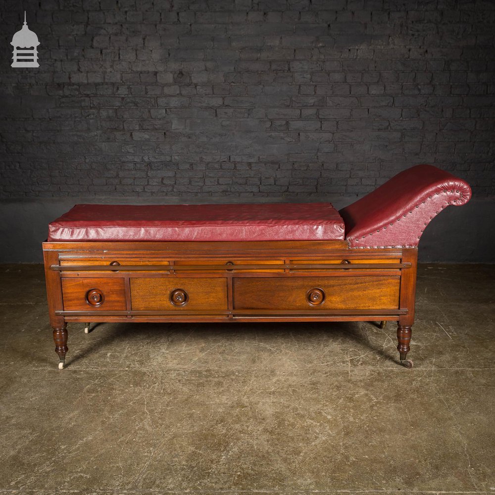 19th C Mahogany Therapists Couch with Drawers and Inset Handles