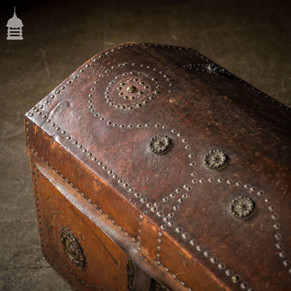 19th C Spanish Studded Leather Chest Trunk