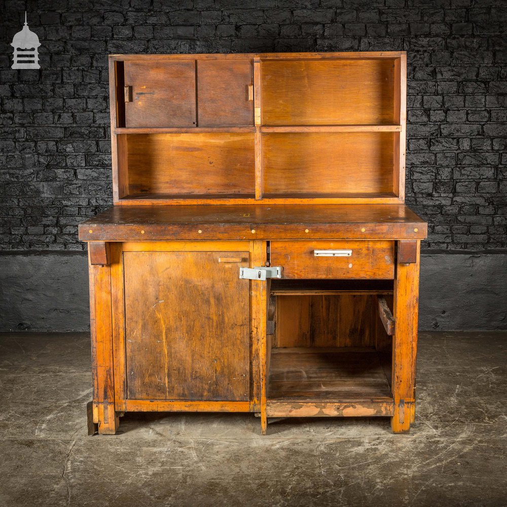 Mid Century Industrial Wooden Workbench with Drawer and Shelves