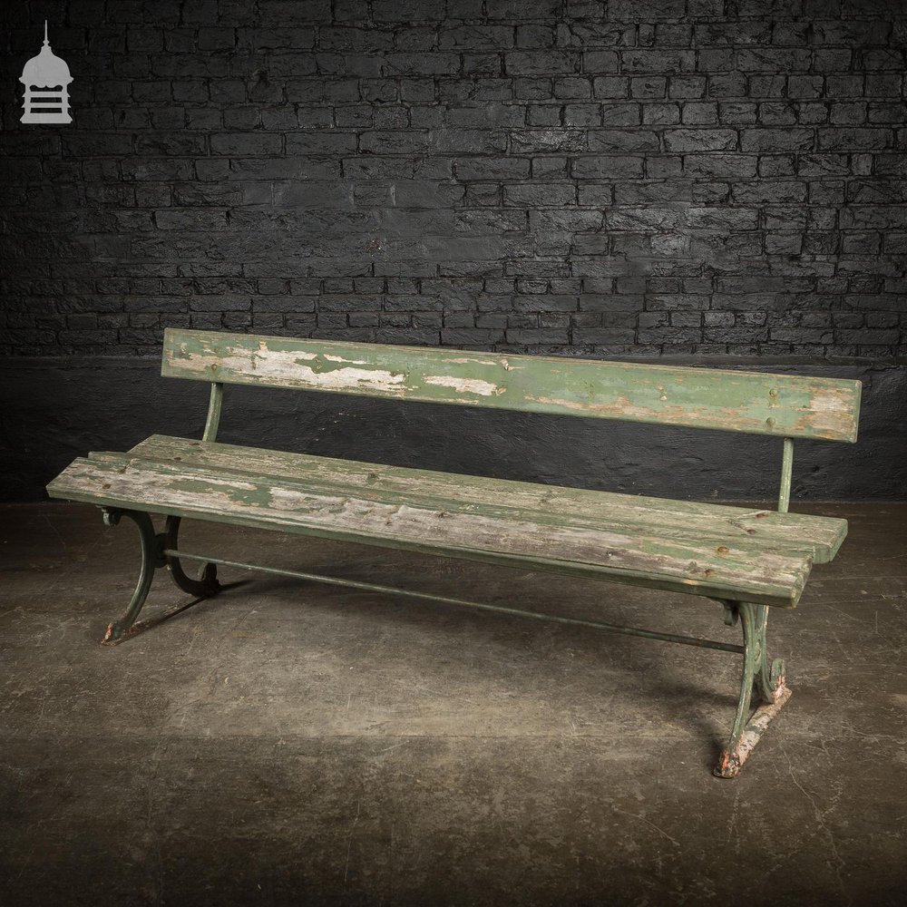 19th C Distressed Green Painted Cast Iron Garden Bench with Pine Slats