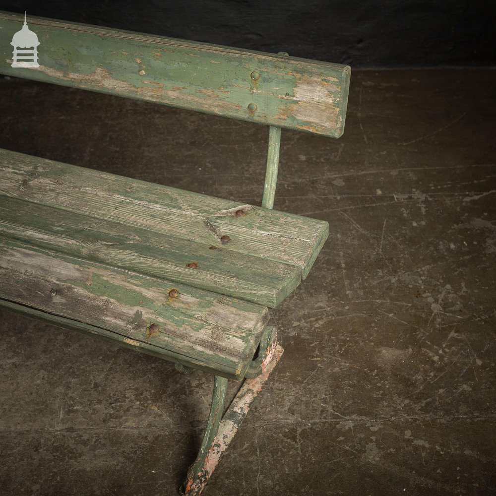 19th C Distressed Green Painted Cast Iron Garden Bench with Pine Slats