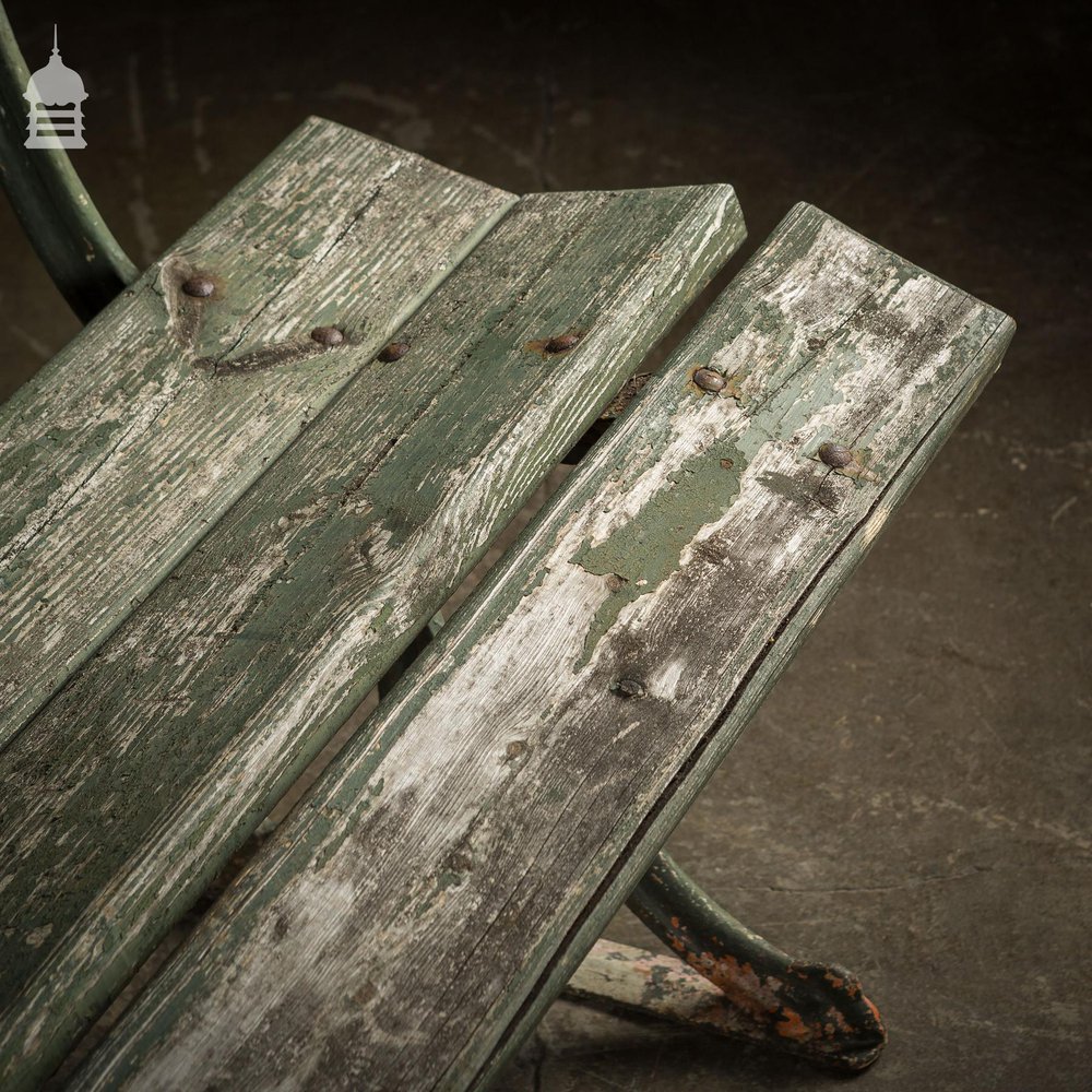 19th C Distressed Green Painted Cast Iron Garden Bench with Pine Slats