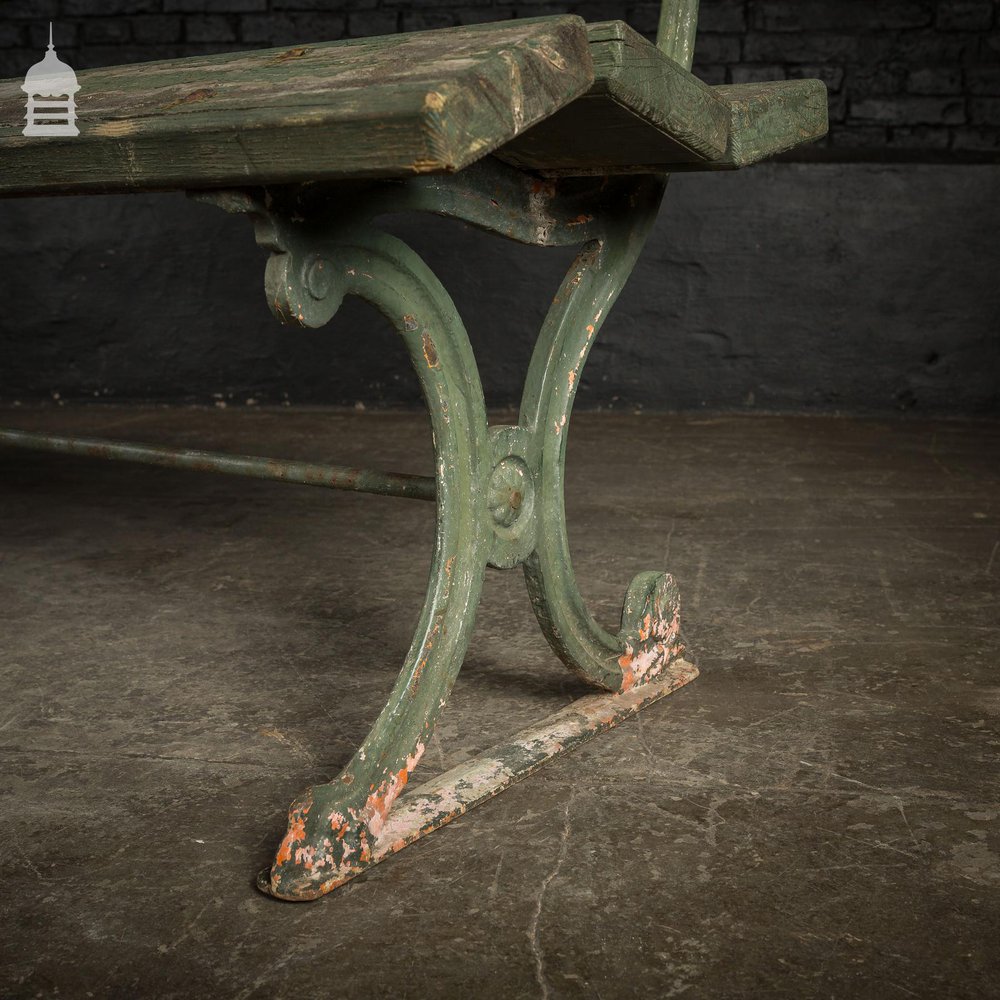 19th C Distressed Green Painted Cast Iron Garden Bench with Pine Slats