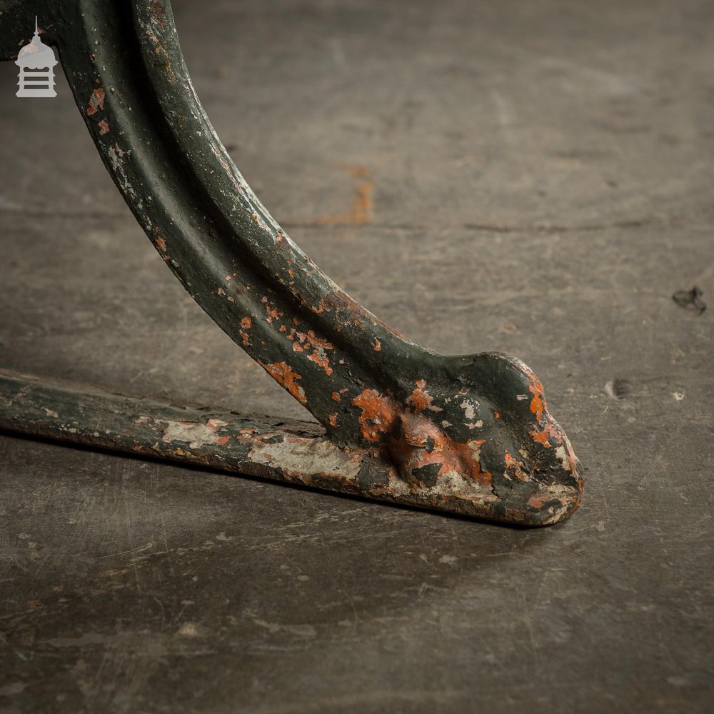 19th C Distressed Green Painted Cast Iron Garden Bench with Pine Slats