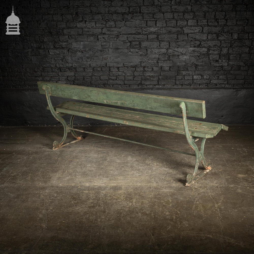 19th C Distressed Green Painted Cast Iron Garden Bench with Pine Slats