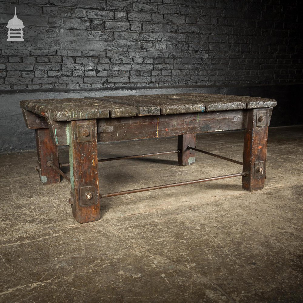 Vintage Industrial Workbench Work Trestle Coffee Table