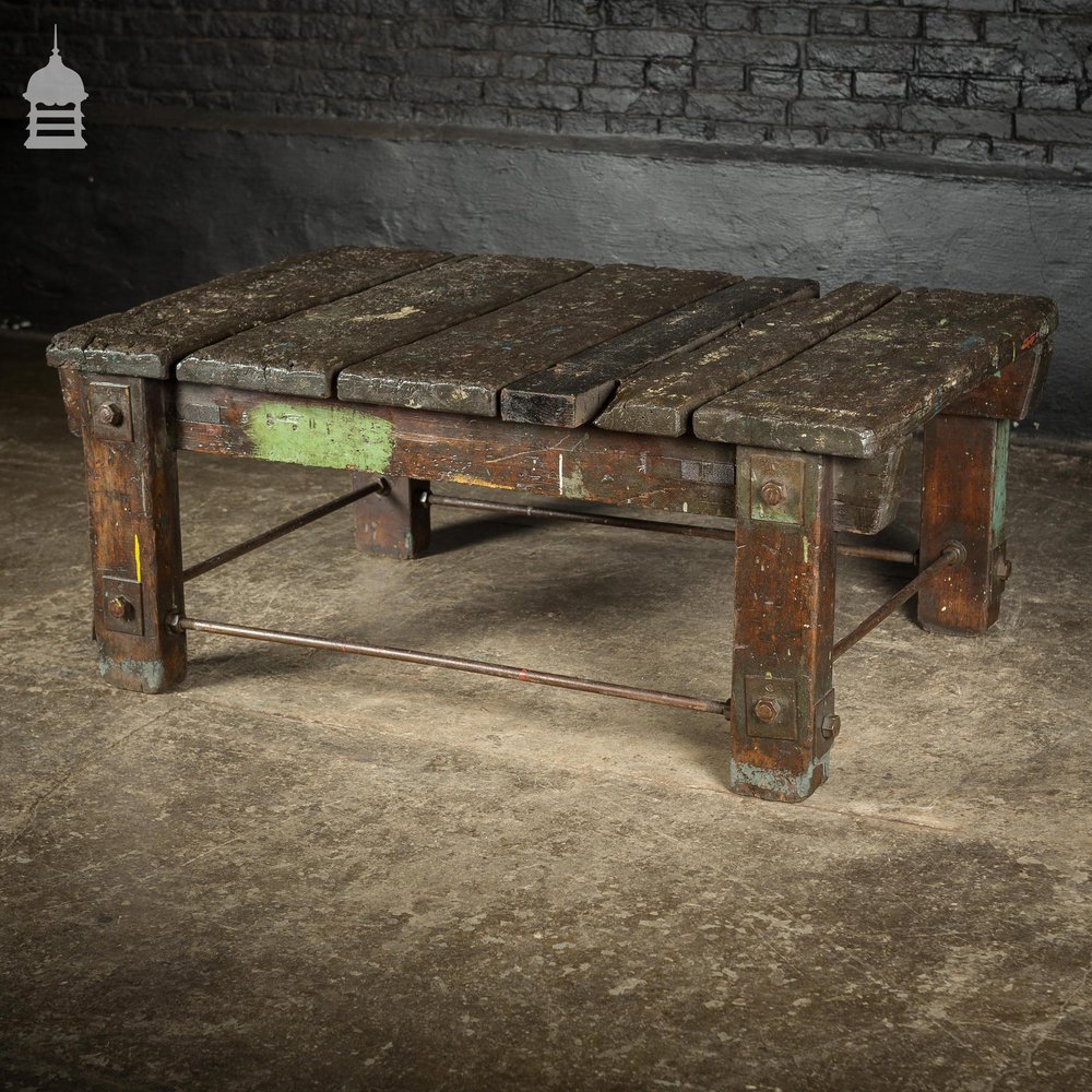 Vintage Industrial Workbench Work Trestle Coffee Table