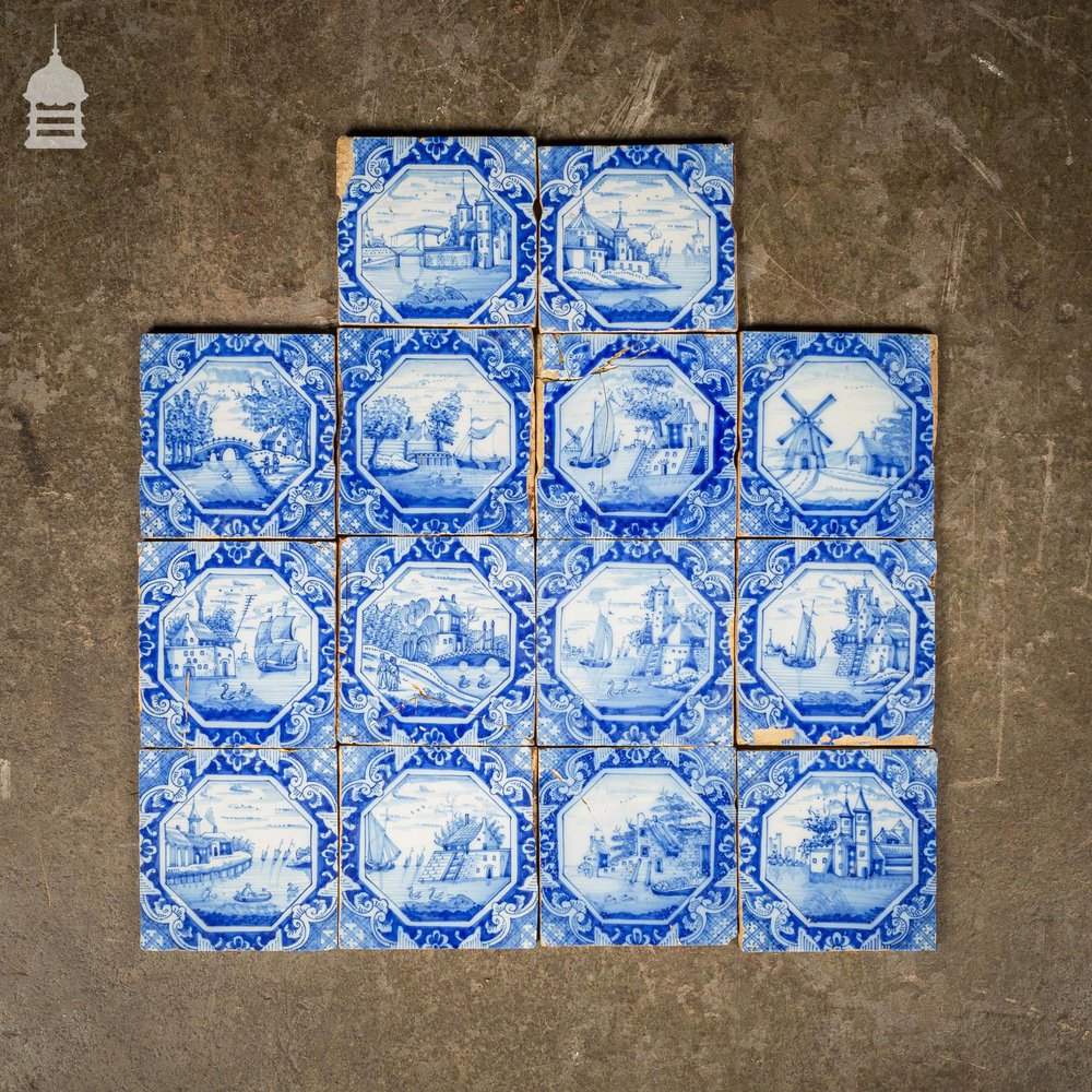 Set of 14 Hand Painted Dutch Blue and White Tiles