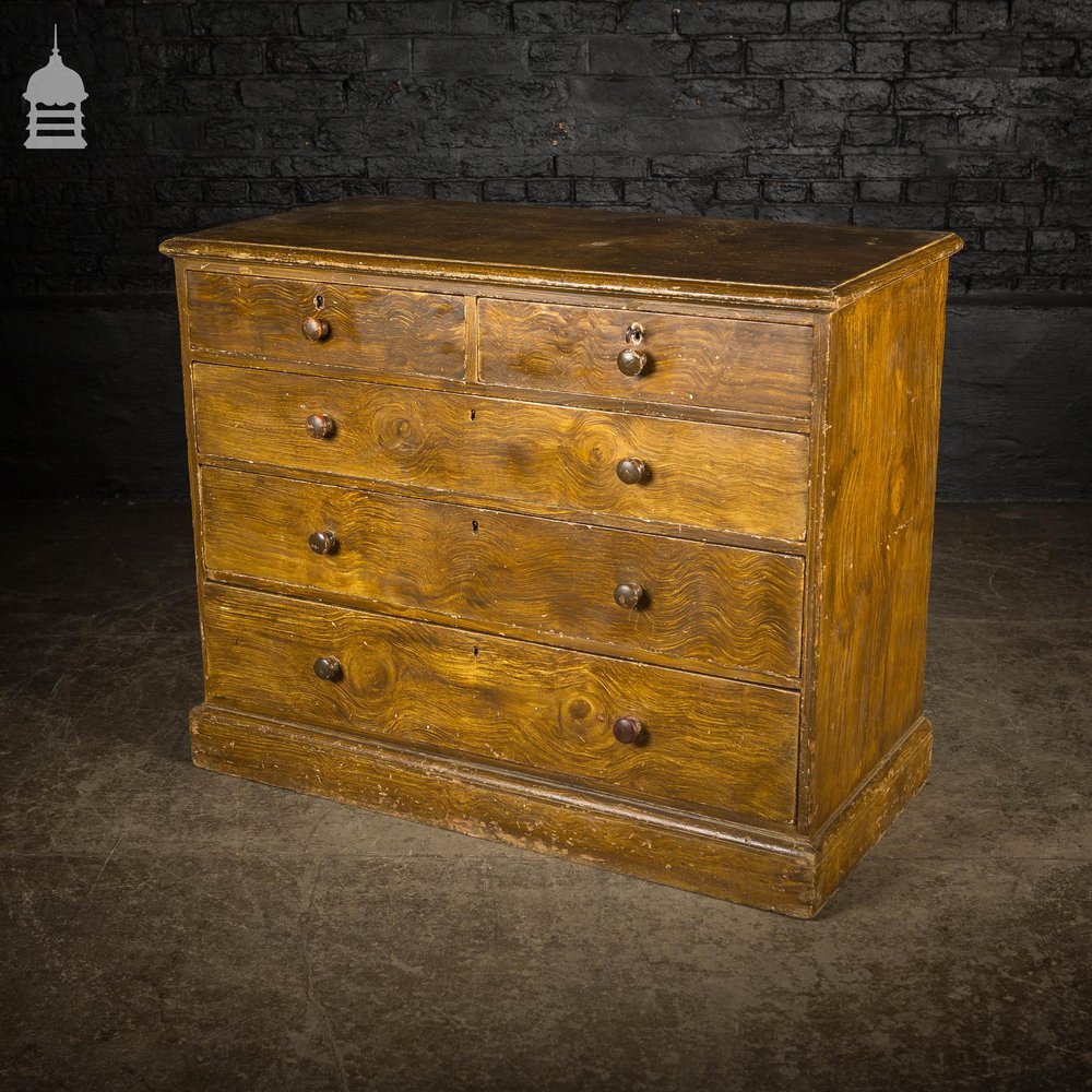 19th C Two Over Three Chest of Drawers with Graining Finish and Key