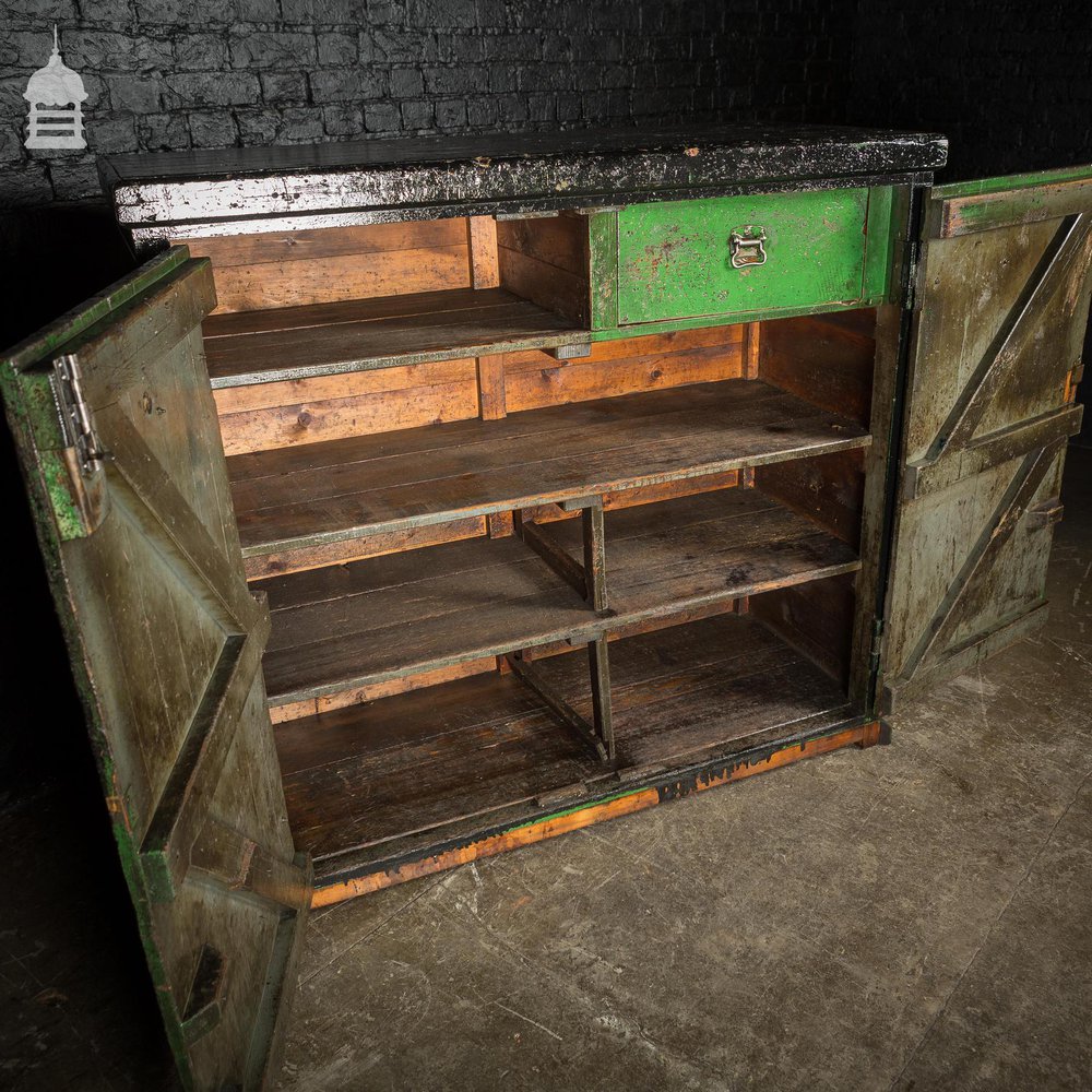 Large Vintage Black Painted Industrial Workshop Cupboard Cabinet with Drawer